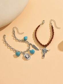 2pcs/Set Western Cowboy Style Personalized Bracelet With Turquoise Pendant, Versatile Fashion Hat & Bull Head Decor, Handmade Braided Rope Boots Pendant Bracelet, Women's Hand Jewelry Suitable For Photography And Travel - Multicolor - View 3