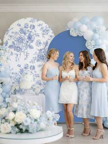 2pcs-Blue Floral Arch Backdrop 7.2ft X 6.6ft Elastic Party Backdrop, Suitable For Wedding, Birthday, Tea Party, Bridal Shower, Baby Shower Ceremony Banquet Decoration - Multicolor - View 3