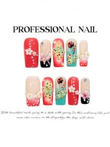 10pcs Kawaii Summer Dopamine Press On Nails, Red Teal Ladybug Floral Butterfly Long Square Fake Nails 3D White Mini Daisy Iridescent Bubble Rhinestone, For Outdoor Trip, Grad Dance & Floral Afternoon Tea, With Jelly Glue And Nail File - Multicolor - View 4