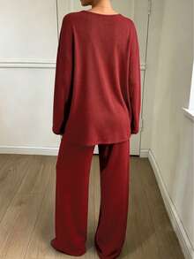 2 Pcs Women Satin V‑Neck Loungewear Set, Loose Long Sleeve Top & Long Pants, Casual Home Outfit For Spring Autumn - Burgundy - View 3