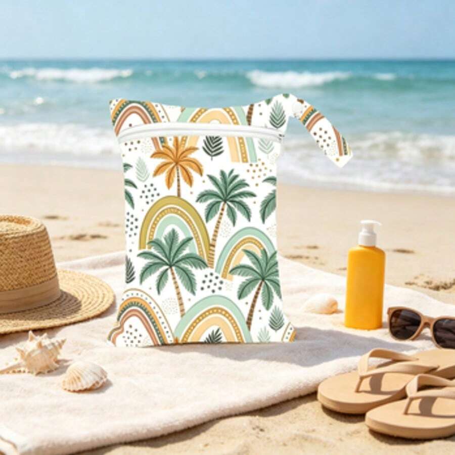Boho Rainbow & Palm Tree Print Waterproof Pouch, Portable Wet Dry Bag, Reusable Beach & Travel Storage Bag - Multicolor - View 1