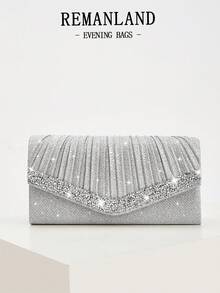 REMANLAND Mini glänzende Ketten-Clutch mit Falten und quadratischem Design, Strass-Abendtasche, perfekt passend zu Damen-Ballkleid, Ball-Accessoires, Paillettenkleid, elegante Balltasche, geeignet für Hochzeit, Abendparty, Party, Ball, Abend-/Bankett-Anlässe. - Silber - Übersicht 1