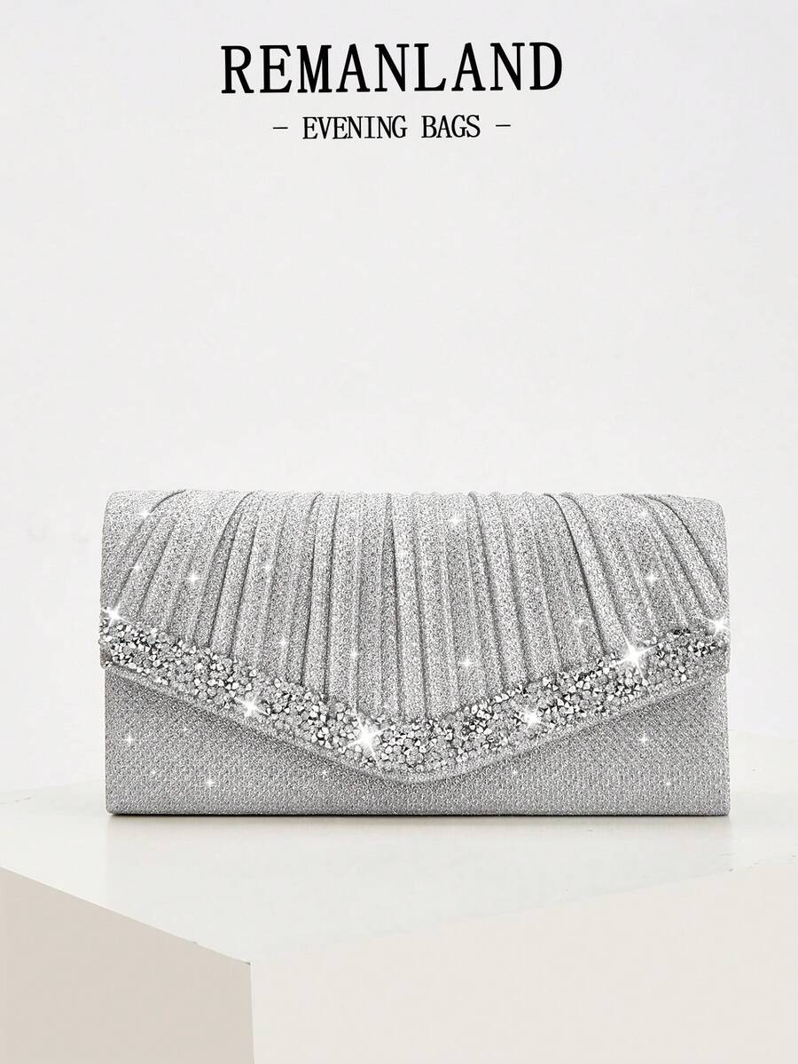 REMANLAND Mini glänzende Ketten-Clutch mit Falten und quadratischem Design, Strass-Abendtasche, perfekt passend zu Damen-Ballkleid, Ball-Accessoires, Paillettenkleid, elegante Balltasche, geeignet für Hochzeit, Abendparty, Party, Ball, Abend-/Bankett-Anlässe. - Silber - Übersicht 1