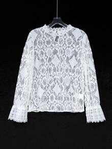 Women Stand Collar Patchwork Lace Long Sleeve Elegant Hollow Out TopCasual White Spring Fall - White - View 6