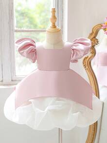 Baby Girls Square Neck Pleated Organza Satin Cute Flower Girl Bud Princess Dress Suitable For Birthday Party, Headband Not Included - Dusty Pink - View 3