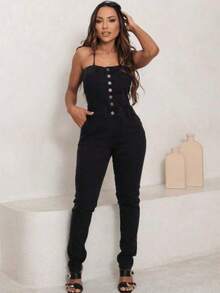Women's Black Denim Jumpsuit With Button Details, Long Slim-Fit Sleeveless Style With Pockets And Medium Stretch, Perfect For Autumn Looks. - 深灰色 - 查看 1