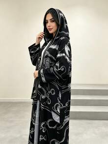 2 Pieces Set Floral Print Open Abaya With Matching Hijab, Modest Islamic Outfit For Women Daily Wear - Multicolor - View 5