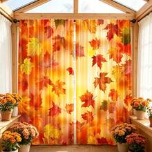 2pcs Warm Orange Gradient Maple Leaf Pattern Printed Semi-Sheer Curtains, 90GSM Polyester Fiber Semi-Sheer Privacy Protection, Easy Installation, Quick Dry, Washable, Fade-Resistant, Lightweight Removable Curtains, Suitable For Home, Room, Kitchen And Other Partitions Or Decoration - Multicolor - View 14