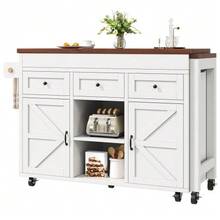 Kitchen Island With Storage, Extendable Dining Table/Bar Table (131.5-210 Cm), 360° Rotatable, With Drawers And Cabinets, Versatile Worktop For Kitchen, Dining Room And Small Spaces, Black - White - View 8