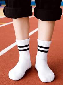 5 Pairs Minimalist Double Stripe Kids Sports Mid-Calf Socks, Suitable For Boys And Girls, All Season - Multicolor - View 3