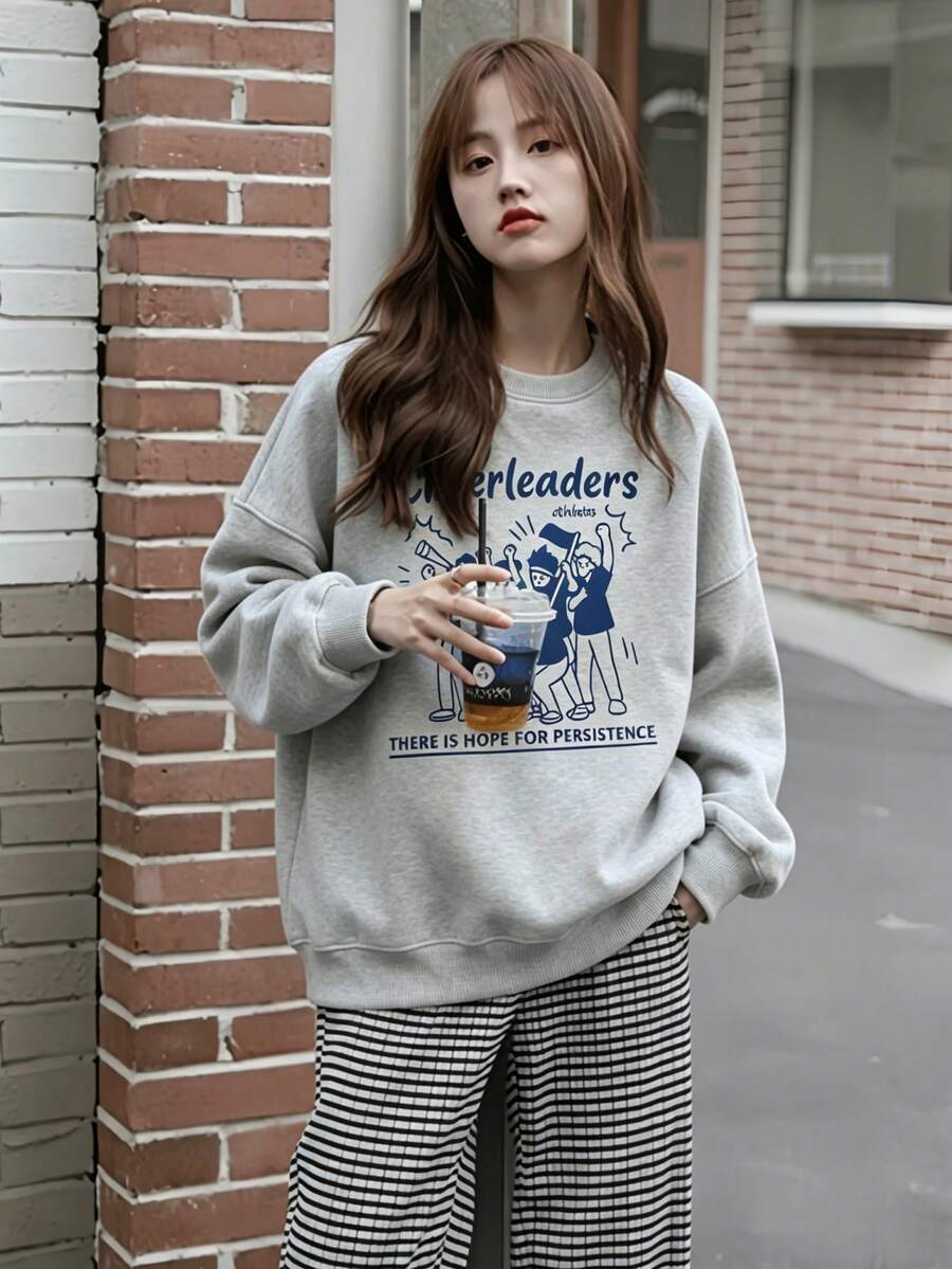 女士灰色图案印花圆领运动衫,休闲百搭宽松长袖上衣,适合初秋穿着 - 淺花灰 - 查看 1
