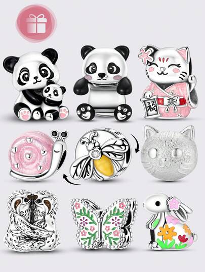 1 pieza colgante de cuentas con forma de panda lindo, gato de la suerte y conejo, chapado en plata y esmaltado, adecuado para pulsera de marca original, collar DIY, uso diario, fiesta