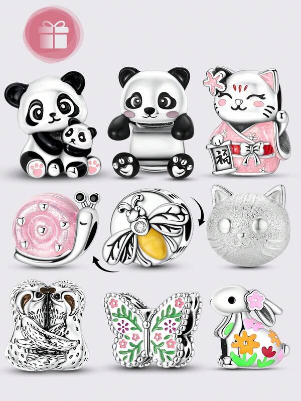 1pc Silver-Plated Enamel Cute Panda, Lucky Cat, Rabbit Shaped Beaded Pendant Charm, Suitable For Original Brand Bracelet, Necklace DIY, Daily Wear, Party