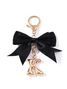 1pc Ins Korean Style Gentle Black Satin Bow Keychain, Metal 3D Letter Lobster Clasp Keyring, Minimalist Premium Backpack Charm - Multicolor - View 16