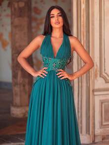 Romantic Women's Chiffon Sleeveless Halter Neck Maxi Dress, Decorated With Embellished Bodice And Flared Hem, Suitable For Photography, Dinner, Portrait, Events - Green - View 3