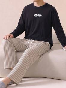 Men's Summer Crew Neck Casual Long Sleeve T-Shirt And Casual Long Pants Loungewear Set - Black - View 1