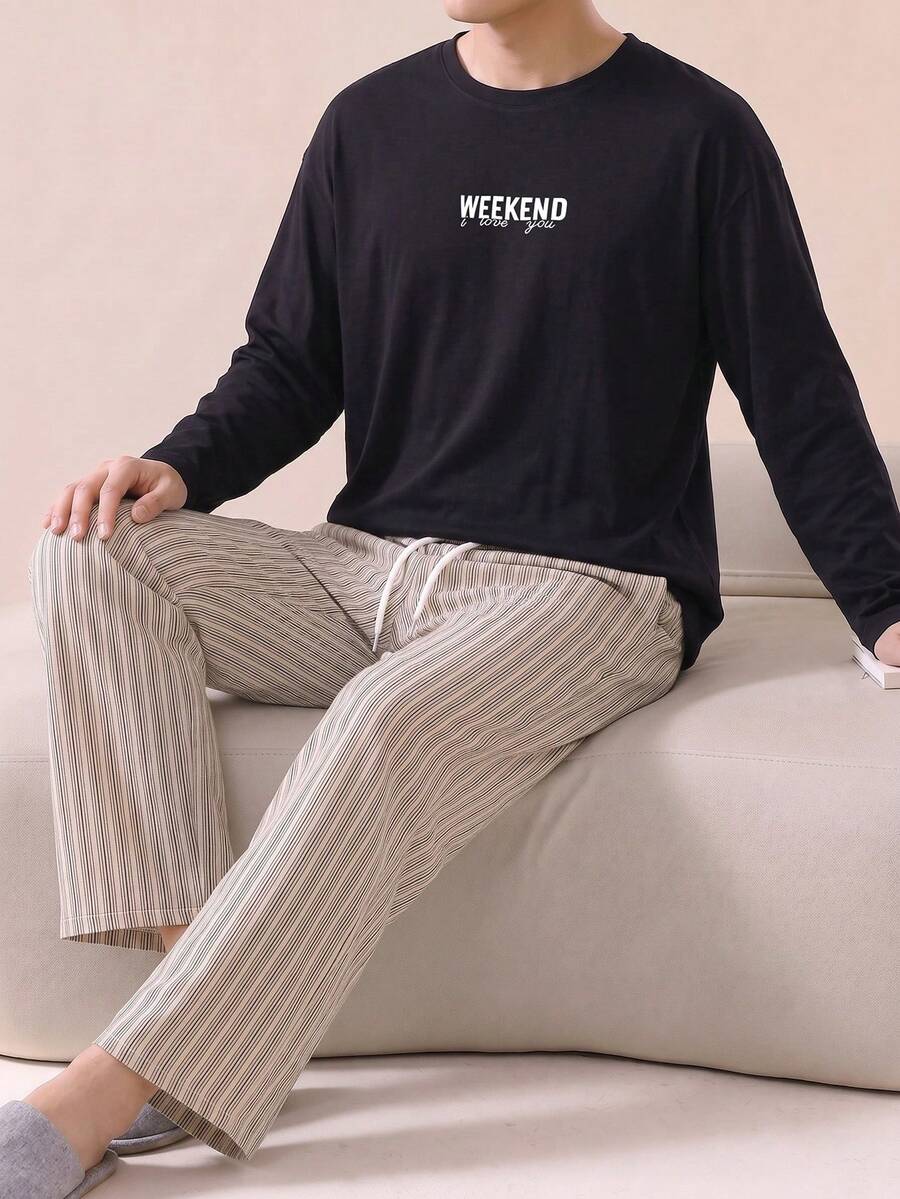 Men's Summer Crew Neck Casual Long Sleeve T-Shirt And Casual Long Pants Loungewear Set - Black - View 1