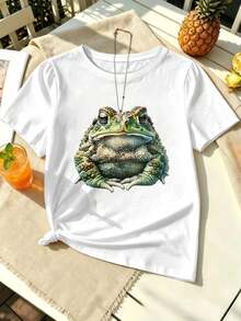 New Release Women's Oversized Cute Frog Print T-Shirt, Soft Cotton, Casual, Comfortable, Durable, Graphic Design. - White - View 2