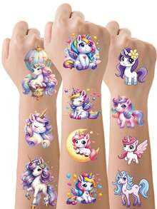 STARTTOOS 22 Sheets 137pcs Unicorn Temporary Tattoo Stickers, Cute Cartoon Waterproof Glitter Rainbow Unicorn Balloon Star Design Pattern Birthday Party Christmas Gift Event Holiday Party Set - Multicolor - View 1