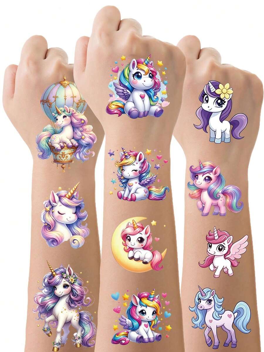 STARTTOOS 22 Sheets 137pcs Unicorn Temporary Tattoo Stickers, Cute Cartoon Waterproof Glitter Rainbow Unicorn Balloon Star Design Pattern Birthday Party Christmas Gift Event Holiday Party Set - Multicolor - View 1