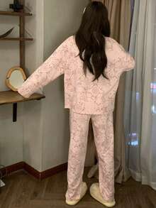 2 peças/Conjunto Pijama Feminino, Conjunto de Roupa de Descanso, Cardigan Confortável com Gola Lapela, Estampa Assimétrica do Oriente Médio, Manga Longa, Calça Longa, Adequado para Todas as Estações - Rosa chiclete - Visão 4