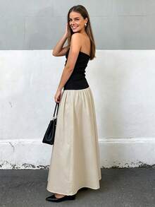 Vestido de mujer de unicolor sin tirantes con parches y contraste de color, elegante y adecuado para el verano en color negro - Negro - Ver 5