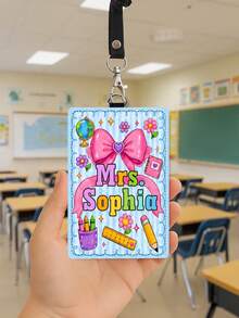 1pc Custom Teacher Name Big Pink Bow Luggage Tag,Striped Badge Holder Lanyard,ID Card Sleeve,Teacher Appreciation Gift,Back To School,First Of School - Multicolor - View 10