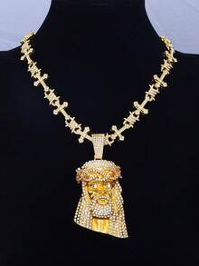 Iced Out Jesus Face Pendant Cross Cuban Chain Necklace, Gold Silver Two Tone Hip Hop Rhinestone Religious Jewelry For Men - Jesus Head Cross Hip Hop Necklace - View 2