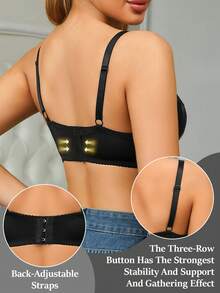 CELILIN 1pc Underwire Push-Up Lace Half Cup Bra With Black Satin Ribbon Decoration - Black - View 2