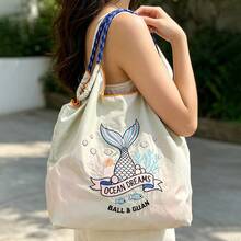 1pc New Embroidered Fish Tail Pattern Storage Nylon Large Capacity Foldable Shopping Bag Commuter Beach Party Women's Shoulder Crossover Tote Bag - Multicolor - View 3