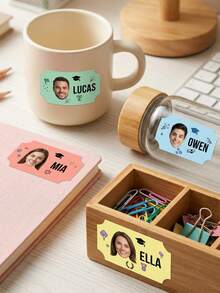 1 pieza Etiqueta de graduación personalizada con foto y texto, pegatina de nombre, calcomanía personalizada de diploma lindo, regalo para estudiante para taza, manualidades personalizadas de graduación escolar - Multicolor - Ver 3