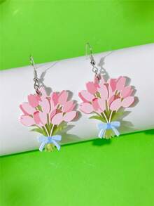 1對創意可愛粉色壓克力鬱金香花束耳環，趣味新穎飾品，適合女性參加派對與節慶活動 - 粉紅鬱金香 - 查看 4