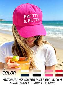 1件中性復古「PRETTY&PETTY」字母印花棒球帽，螢光粉色網格老爹帽，適合戶外、旅行、徒步、海灘、度假 - 彩色 - 查看 1