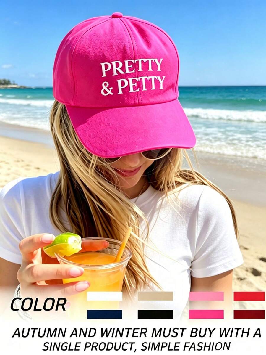 1件中性復古「PRETTY&PETTY」字母印花棒球帽,螢光粉色網格老爹帽,適合戶外、旅行、徒步、海灘、度假 - 彩色 - 查看 1