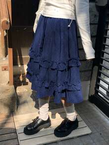 女款夏季蛋糕裙 日系校園風小黑裙 荷葉邊飾 腰部綁帶彈性腰裙 - 藏蓝色 - 查看 4