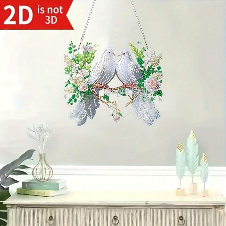 2D Flat/Flying Bird Design - Two White Doves On A Branch/Diamond Painting Hanging Ornament, Animal Theme, Includes Shiny Asymmetrical Artificial Rhinestones, Glitter Crystals And Hanging Chain, Suitable For Living Room, Study And Bedroom Windowsill Wall Decor, Handmade Exquisite Gift, Hanging Decorative Craft