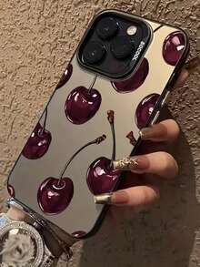 1PC Full Screen Cherry Pattern Silver Shell Protective Case For Women, Compatible With Apple 17Promax/16Pro/15plus/14Pro/13Promax/12Pro/11, Creative Minimalist Design For Men - Multicolor - View 2