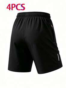 4pcs Men's Sports Shorts, Zipper Pockets, Elastic Drawstring Waistband, Lightweight Design Suitable For Running, Fitness And Casual Occasions Summer - Multicolor - View 6