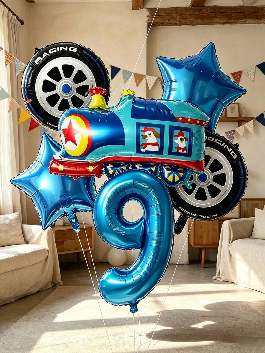 Train Theme Balloon Set, Includes Blue Number Balloons, Train-Shaped Balloons, Tire-Shaped Balloons, Star-Shaped Balloons, Suitable For Train Theme Birthday Party Decoration And Fun Train Engine Style Theme Party - View 1