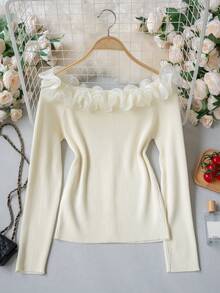 Autumn/Winter Casual Korean Sweet Style Ruffle Off-Shoulder Knit Sweater, Fitted Slim Fit Long Sleeve Top, Warm Gentle Elegant Versatile Base Layer, Apricot Color - Apricot - View 8