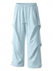 NcmRyu Men's Light Blue Crinkled Parachute Cargo Pants, Drawstring Waist Adjustable Hem Loose Fit Joggers, Suitable For Running And Streetwear - Baby Blue - View 3