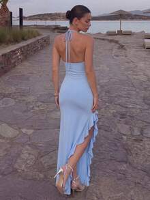 New Light Blue Halter Heart Neckline Fitted Ruched Ruffle High Slit Maxi Dress, Suitable For Beach Vacation, Wedding Guest And Cocktail Party - Baby Blue - View 3