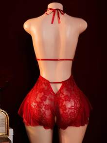 1pc Sexy Lace Lingerie Jumpsuit, Revealing & Alluring For Valentine's Day - Burgundy - View 3