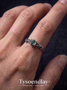 Tysoendlay 1 pieza Anillo de promesa de plata de ley 925 estilo bohemio con ágata natural y hoja de musgo, anillo de boda con piedra de nacimiento, regalo de joyería para mujer, regalo de aniversario - Plata antigua - Ver 4