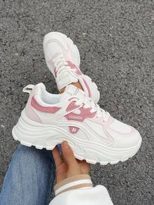Flipark (Les consommateurs japonais sont recommandés de commander une taille au-dessus) Baskets à semelle épaisse pour femmes, baskets Épais à la mode, chaussures décontractées augmentant la taille, baskets blanches en maille, chaussures de trajet quotidien, chaussures d'étudiant, chaussures de marche - Rose bonbon - Voir 5