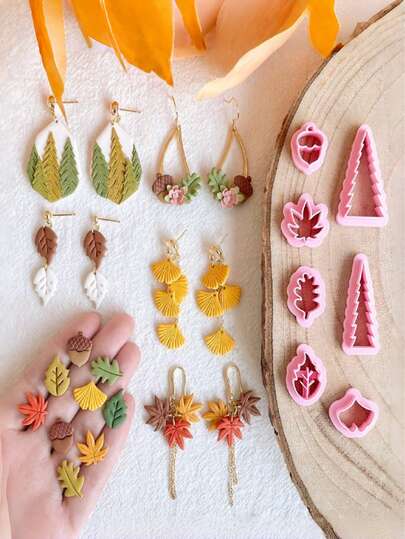 1/7 Piezas Cortadores de Arcilla Polimérica con Forma de Hoja de Otoño, Árbol de Pino y Bellota, Molde con Tema de Cosecha Natural para Manualidades de Joyería DIY de Pendientes de Otoño