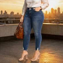 Plus Size High Waist 3-Button Slim Fit Denim Jeans, Tummy Control Stretch Blue Jeans Vacation Casual Fall - Blue - View 1