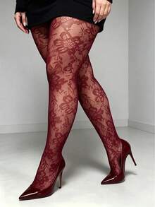 1 Pair Plus Size Burgundy Floral Lace Fishnet High Elasticity Pantyhose, Sexy Fashion Cute Style, Suitable For Daily Wear, Dating, Spring/Autumn Commuting - Multicolor - View 4