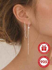 GLIMMER GI 1 Pair Women's S925 Sterling Silver Low-Allergy Four-Pointed Star Long Ear Thread Earrings, Elegant Versatile Minimalist New Style For Ear Piercing, Suitable For Daily Wear/Vacation/Valentine's Day/Birthday/Mother's Day Gift [Gift Box Included] - Silver - View 3