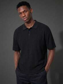 Camvyn Men's Summer Casual Versatile Jacquard Slim Fit Short Sleeve Polo Shirt - Black - View 1